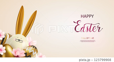 Easter poster with ceramic rabbit, flowers, golden eggs decorated with pattern. Easter greetings and gifts. Easter promotion and shopping template. 123799908