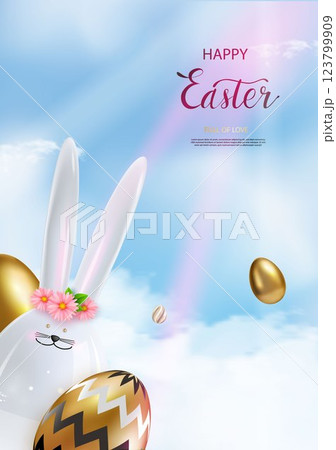 Easter poster with ceramic bunny, flowers, golden eggs decorated with a pattern. On the sky background. Easter greetings and gifts. Easter promotion and shopping template. Vector 123799909