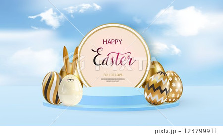 Happy Easter product display poster. Blue pedestal or podium with golden eggs and bunny on sky background. Vector 123799911