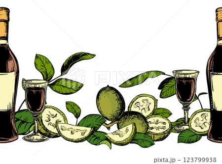 Bottle of Italian liqueur Nocino, glass with aperitif. Vector seamless pattern in color engraving technique. Unripe walnut seeds whole and halves, leaves and branches. Linear sketch in black ink. Bottle of Italian liqueur Nocino, glass with aperitif. Vector seamless pattern in color engraving technique. Unripe walnut seeds whole and halves, leaves and branches. Linear sketch in black ink. 123799938