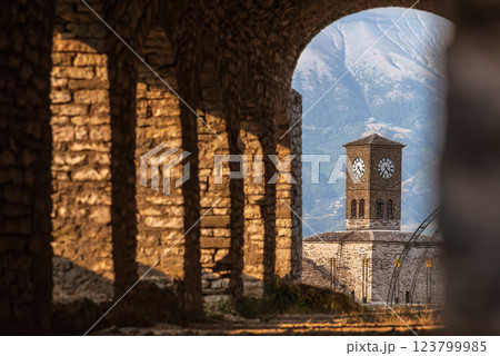Sunset over Clock Tower and Fortress at Gjirokastra Castle 123799985