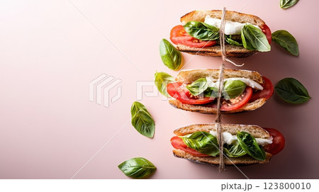 mini panini with melted mozzarella, fresh basil, and ripe tomato slices wrapped in rustic kraft paper with twine, soft and delicate style with diffused lighting mini panini with melted mozzarella, fresh basil, and ripe tomato slices wrapped in rustic kraft paper with twine, soft and delicate style with diffused lighting 123800010