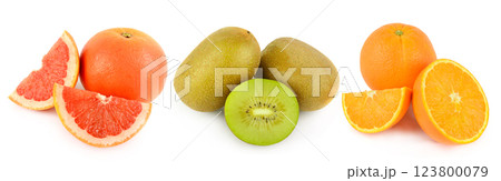 juicy kiwi, orange and grapefruit isolated on white background. There is free space for text. Collage. Wide photo. 123800079