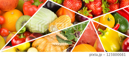 Healthy vegetables and fruit food - collage. Mosaic pattern. 123800081