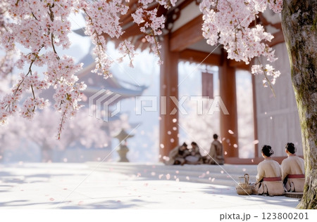 Cherry blossoms near a traditional japanese temple during spring festival, background 123800201