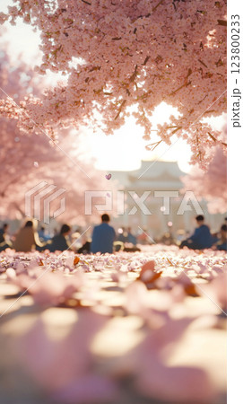 Spring Cherry blossom festival with people enjoying picnic under blooming trees Spring Cherry blossom festival with people enjoying picnic under blooming trees 123800233