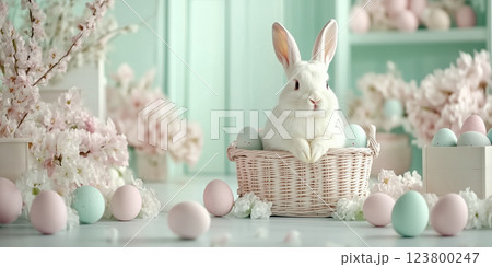 Easter bunny in pastel wonderland with colorful eggs and blossoms for spring celebration 123800247