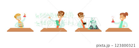 Boy and Girl Scientist at Laboratory Coat Conduct Experiment Vector Set Boy and Girl Scientist at Laboratory Coat Conduct Experiment Vector Set 123800321