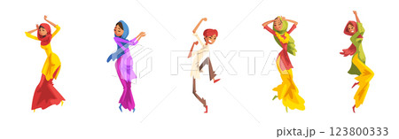 Indian Man and Woman Street Dancer in Traditional Clothes Vector Set Indian Man and Woman Street Dancer in Traditional Clothes Vector Set 123800333