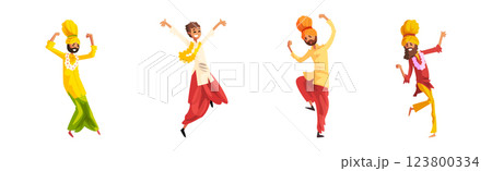 Indian Man and Woman Street Dancer in Traditional Clothes Vector Set 123800334