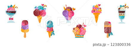Ice Cream Sweet Frozen Cold Dessert with Sprinkles Vector Set 123800336