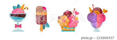 Ice Cream Sweet Frozen Cold Dessert with Sprinkles Vector Set 123800337