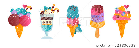 Ice Cream Sweet Frozen Cold Dessert with Sprinkles Vector Set 123800338