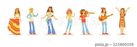 Woman Hippie Dressed In Classic Subculture Clothes Vector Set 123800339