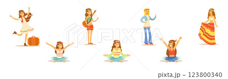 Woman Hippie Dressed In Classic Subculture Clothes Vector Set Woman Hippie Dressed In Classic Subculture Clothes Vector Set 123800340