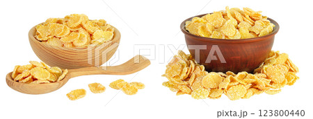 Cornflakes in wooden bowl and spoon isolated on white background. 123800440
