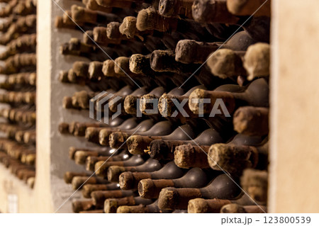 Old bottles of wine stacked in rows Old bottles of wine stacked in rows 123800539