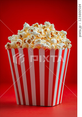 Freshly Popped Popcorn in a Red and White Striped Container on a Festive Background 123800584