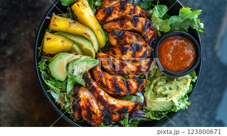 Grilled Chicken With Pineapple and Avocado on a Fresh Salad Served With Sauce 123800671