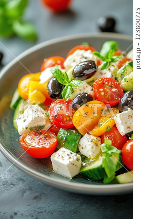 Fresh Tomato and Cucumber Salad With Feta and Olives Served on a Plate 123800725