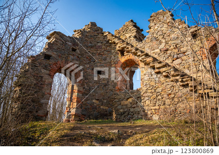 Old fortress ruins near chapel in a small czech town Petrohrad. Way of pilgrims, Czech republic. 123800869