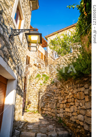 Narrow street in Ulcinj Old Town in Montenegro, the southernmost city at Montenegrin coast, Europe Narrow street in Ulcinj Old Town in Montenegro, the southernmost city at Montenegrin coast, Europe 123800875