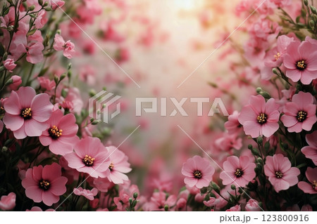 Floral Design With Pink Flowers and Dark Leaves in a Soft Blue Background 123800916