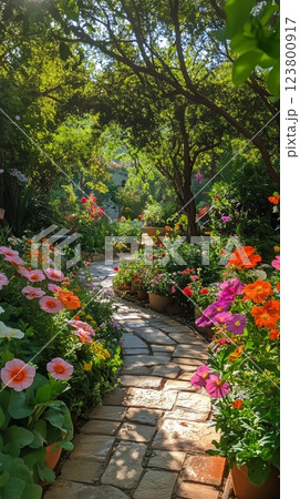 Vibrant Spring Garden Pathway Adorned With Colorful Flowers and Lush Greenery 123800917