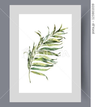 Sprig of plant or palm tree with oblong green petals on wall art. Watercolor artwork 123801039