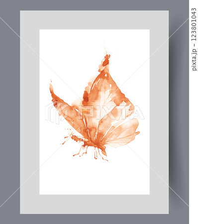 Flying orange butterfly waves wings, heading for weights of on wall art. Watercolor artwork Flying orange butterfly waves wings, heading for weights of on wall art. Watercolor artwork 123801043