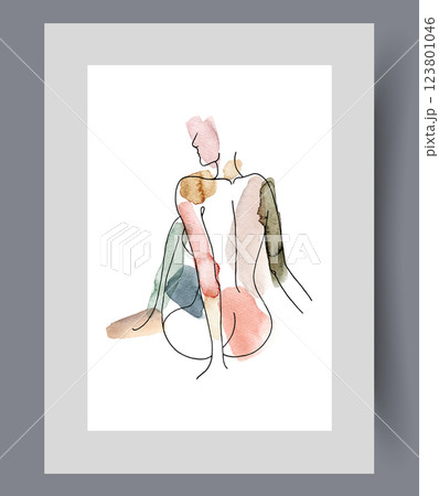Seductive naked woman sits back to camera demonstrating purity on wall art. Watercolor artwork 123801046
