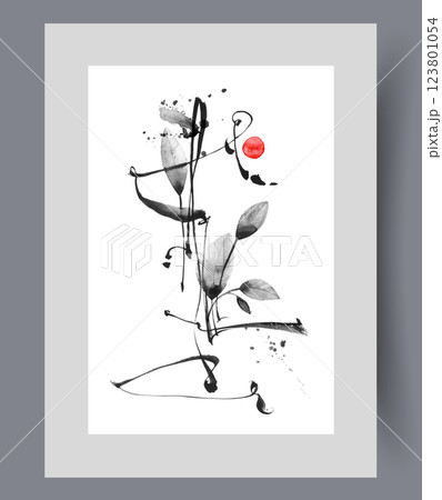 Sprig of plants with abstract lines and red dot symbolizing asia on wall art. Watercolor artwork Sprig of plants with abstract lines and red dot symbolizing asia on wall art. Watercolor artwork 123801054