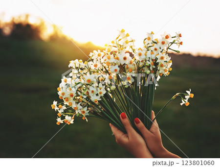 hand holding bouquet of white wildflowers hand holding bouquet of white wildflowers 123801060