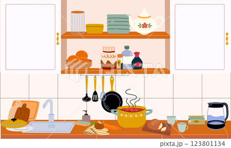 Kitchen interior illustration. A countertop, shelves for dishes, a sink, a pot of food. Dishes and utensils for cooking. Kitchen interior illustration. A countertop, shelves for dishes, a sink, a pot of food. Dishes and utensils for cooking. 123801134