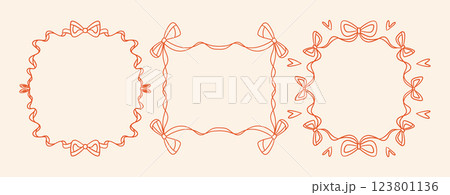 Vintage frames with bows and ribbons. Flirty frames with hearts, wavy ribbons. Frames for invitations, postcards, and prints. 123801136