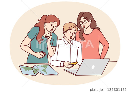 Amazed friends with credit card shopping online choosing travel package or hotel for shared vacation 123801183