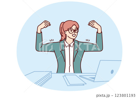 Businesswoman showing biceps on hands sitting at office table with laptop and demonstrating ambition Businesswoman showing biceps on hands sitting at office table with laptop and demonstrating ambition 123801193