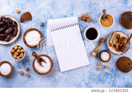 Various sugar replacement, healthy sweetener concept Various sugar replacement, healthy sweetener concept 123801301