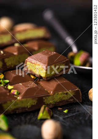 Dubai chocolate with kadayif pistachio filling 123801412