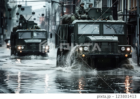 Column of military vehicles navigates flooded avenues to assist flood victims AI Generative 123801413