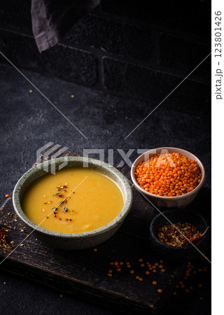Healthy vegan lentil cream soup Healthy vegan lentil cream soup 123801426