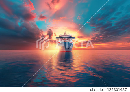 Large cruise ship floats on rippled surface of ocean at sunset in beautiful manner AI Generative 123801487