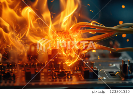 Accident involving an electrical short circuit at terminals of high voltage power board AI Generative 123801530