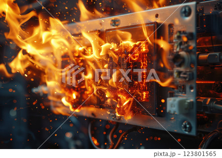 Accident involving high voltage power board terminal electrical short circuit AI Generative 123801565