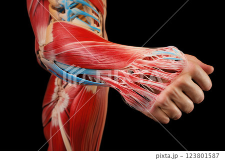 An interactive 3D representation emphasizing pain inflammation in joints, as well as interaction between bones, muscles, tendons AI Generative 123801587