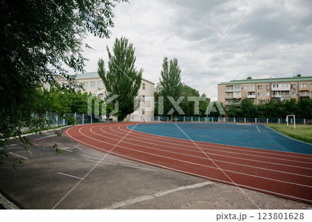 Red running sport track background and texture. Sport running track concept. 123801628