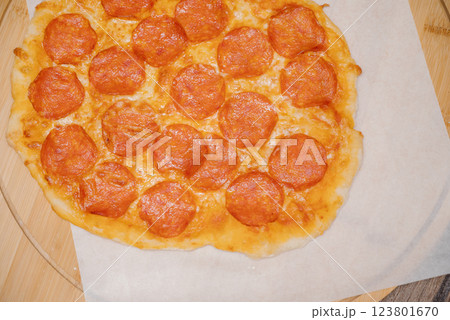 Fresh baked pepperoni pizza close up Fresh baked pepperoni pizza close up 123801670