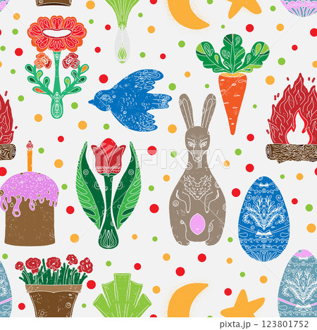 easter seamless pattern with rabbit and eggs 123801752