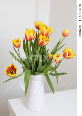 Bouquet of tulips in a white jug on a table. Concept of nature, home decor and spring. 123801816