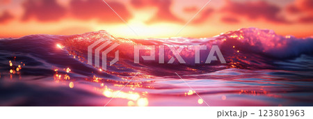 A digital illustration of the sea waves during sunset, with gentle ripples and sparkling reflections of the pink and orange sky, capturing the calming, tranquil movement of the water, banner 123801963